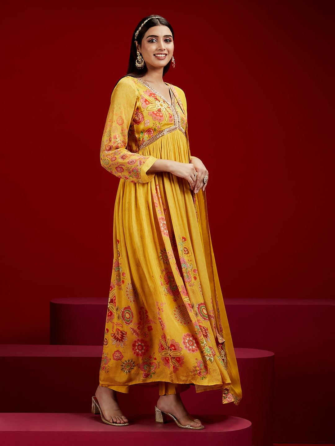 Libas Art Yellow Printed Silk Chiffon Anarkali Kurta With Trousers & Dupatta - ShopLibas