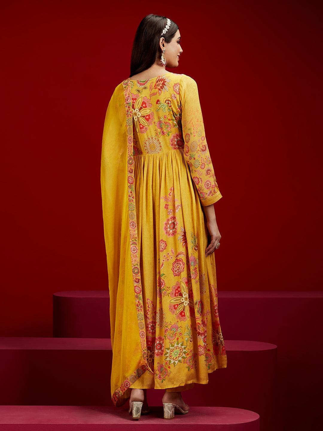 Libas Art Yellow Printed Silk Chiffon Anarkali Kurta With Trousers & Dupatta - ShopLibas