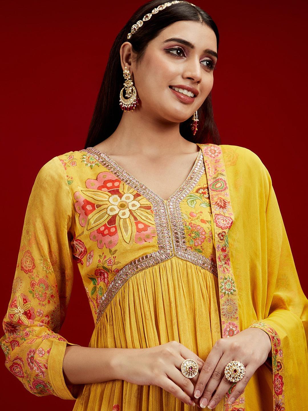 Libas Art Yellow Printed Silk Chiffon Anarkali Kurta With Trousers & Dupatta - ShopLibas