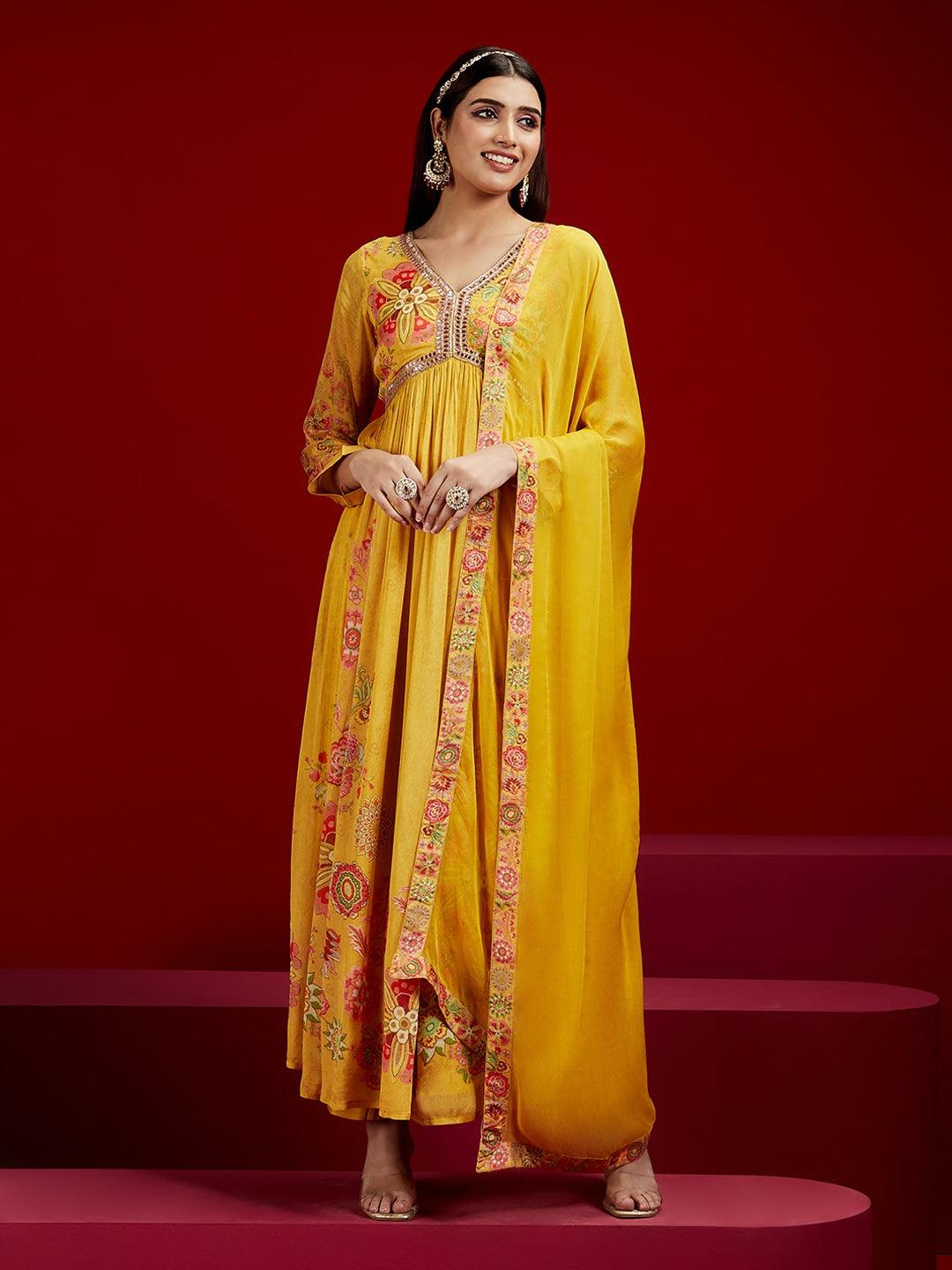 Libas Art Yellow Printed Silk Chiffon Anarkali Kurta With Trousers & Dupatta - ShopLibas