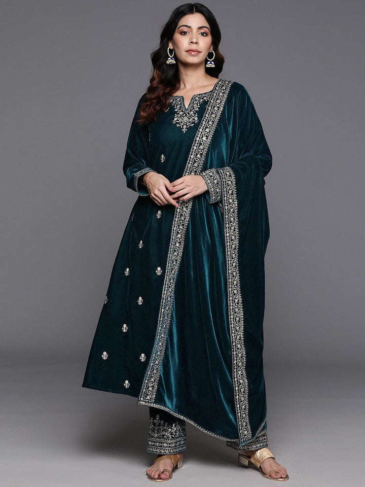 Teal Embroidered Velvet A-Line Kurta With Trousers & Dupatta - ShopLibas