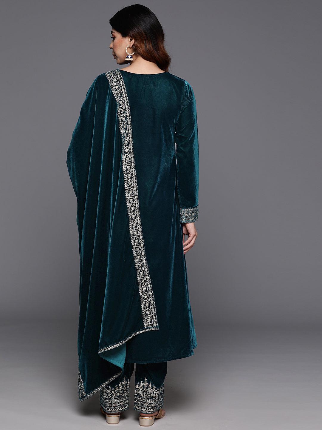 Teal Embroidered Velvet A-Line Kurta With Trousers & Dupatta - ShopLibas