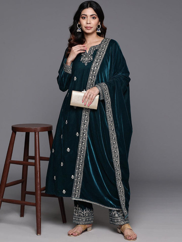 Teal Embroidered Velvet A-Line Kurta With Trousers & Dupatta - ShopLibas