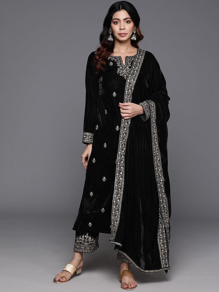 Black Embroidered Velvet A-Line Kurta With Trousers & Dupatta - ShopLibas