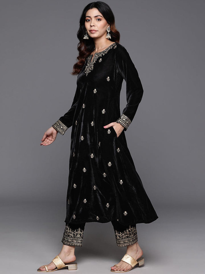 Black Embroidered Velvet A-Line Kurta With Trousers & Dupatta - ShopLibas