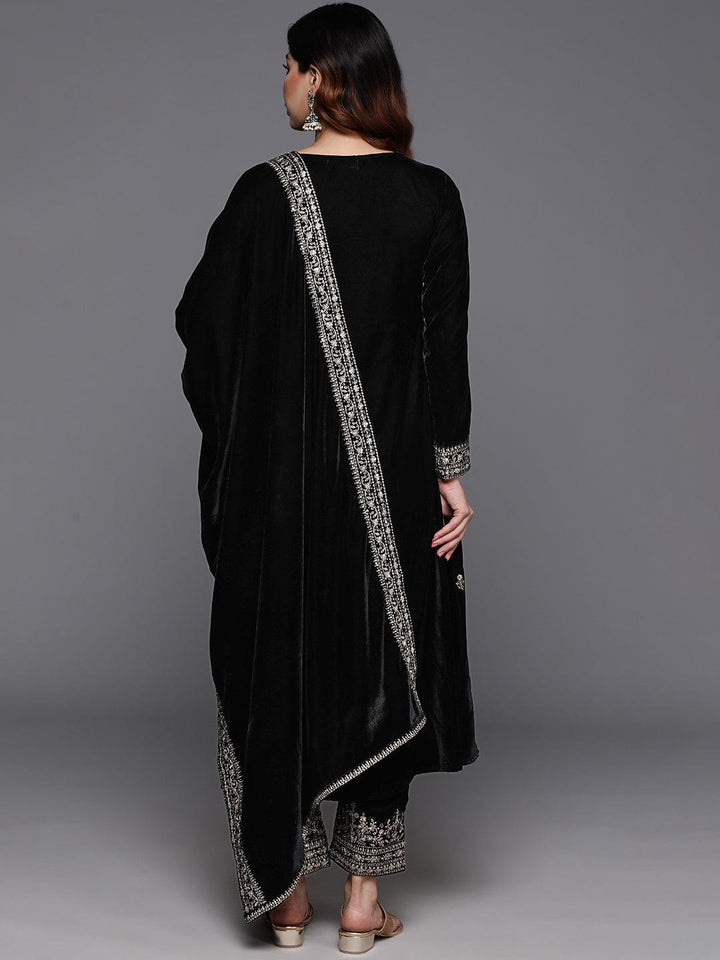 Black Embroidered Velvet A-Line Kurta With Trousers & Dupatta - ShopLibas