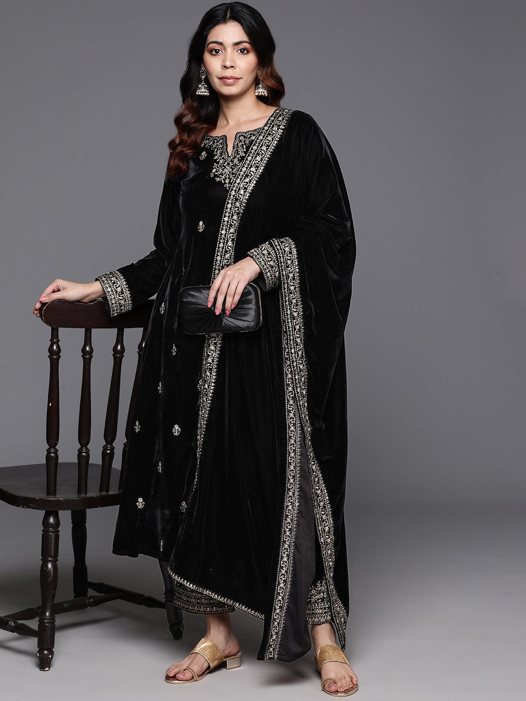 Black Embroidered Velvet A-Line Kurta With Trousers & Dupatta - ShopLibas