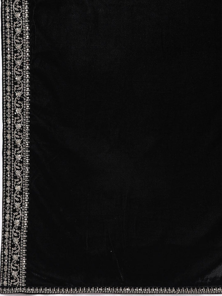 Black Embroidered Velvet A-Line Kurta With Trousers & Dupatta - ShopLibas