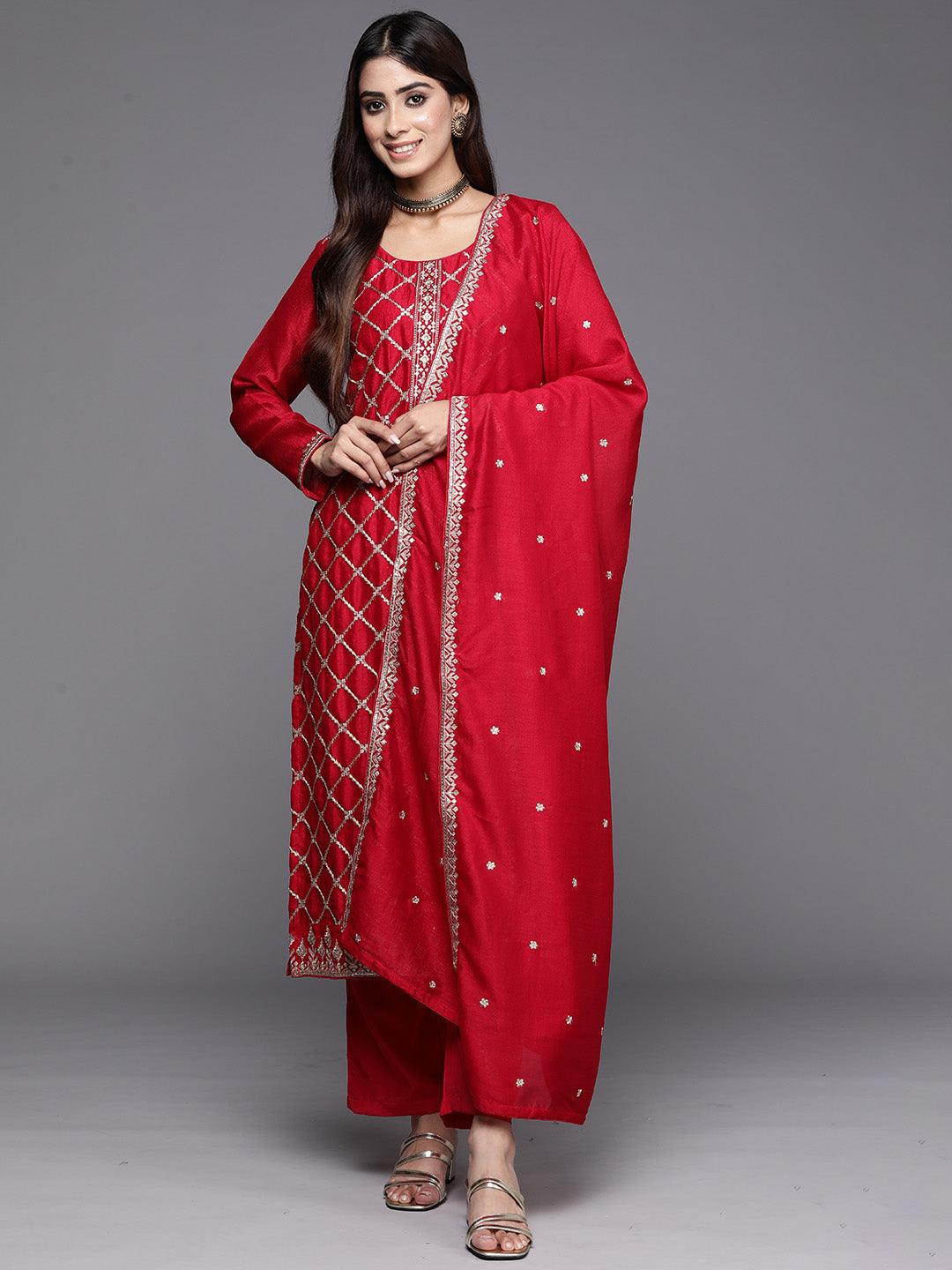 Red Embroidered Silk Blend Straight Kurta With Trousers & Dupatta - ShopLibas