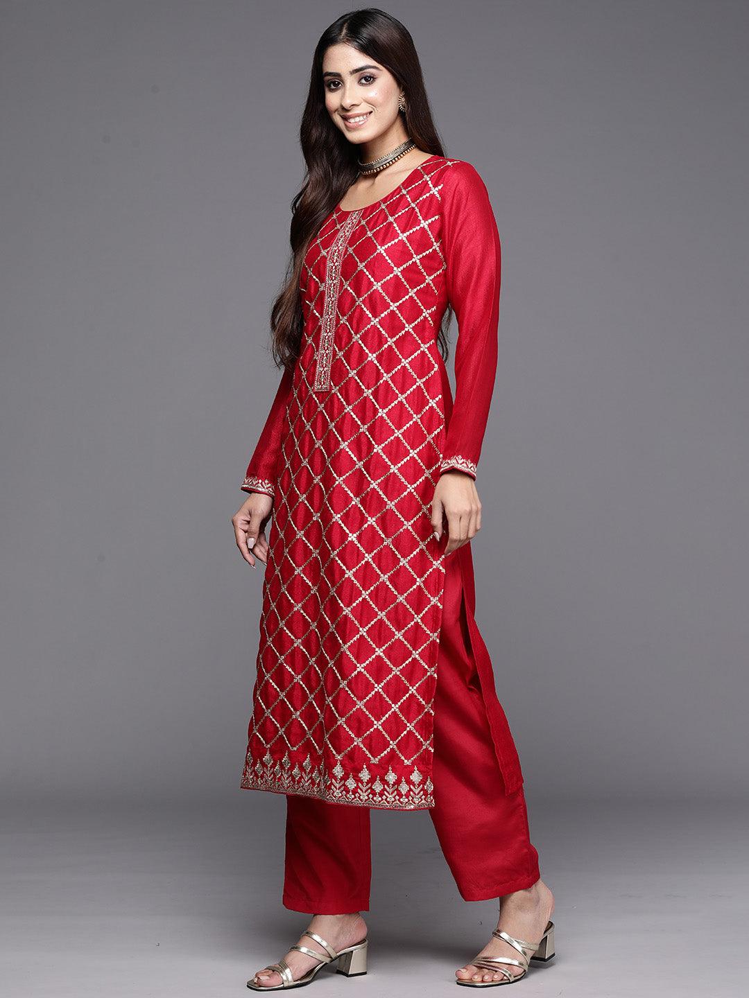 Red Embroidered Silk Blend Straight Kurta With Trousers & Dupatta - ShopLibas