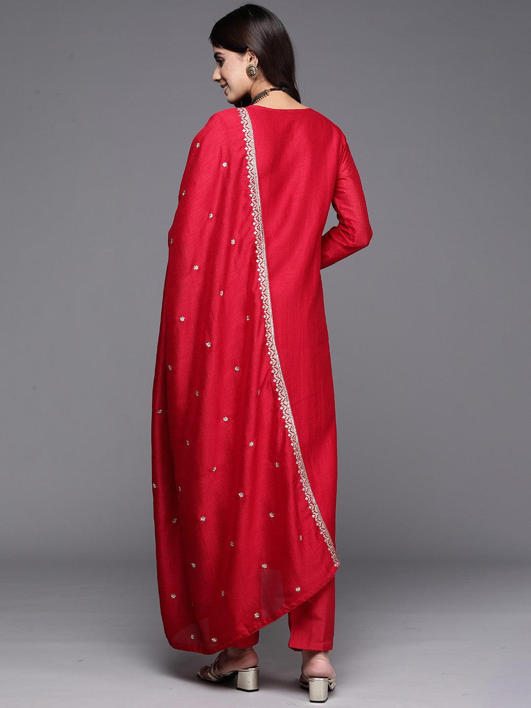 Red Embroidered Silk Blend Straight Kurta With Trousers & Dupatta - ShopLibas