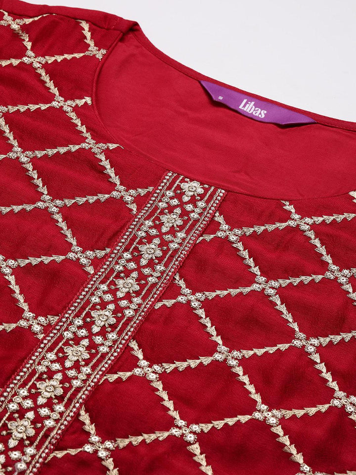 Red Embroidered Silk Blend Straight Kurta With Trousers & Dupatta - ShopLibas