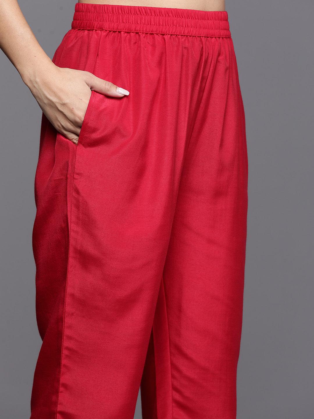 Red Embroidered Silk Blend Straight Kurta With Trousers & Dupatta - ShopLibas