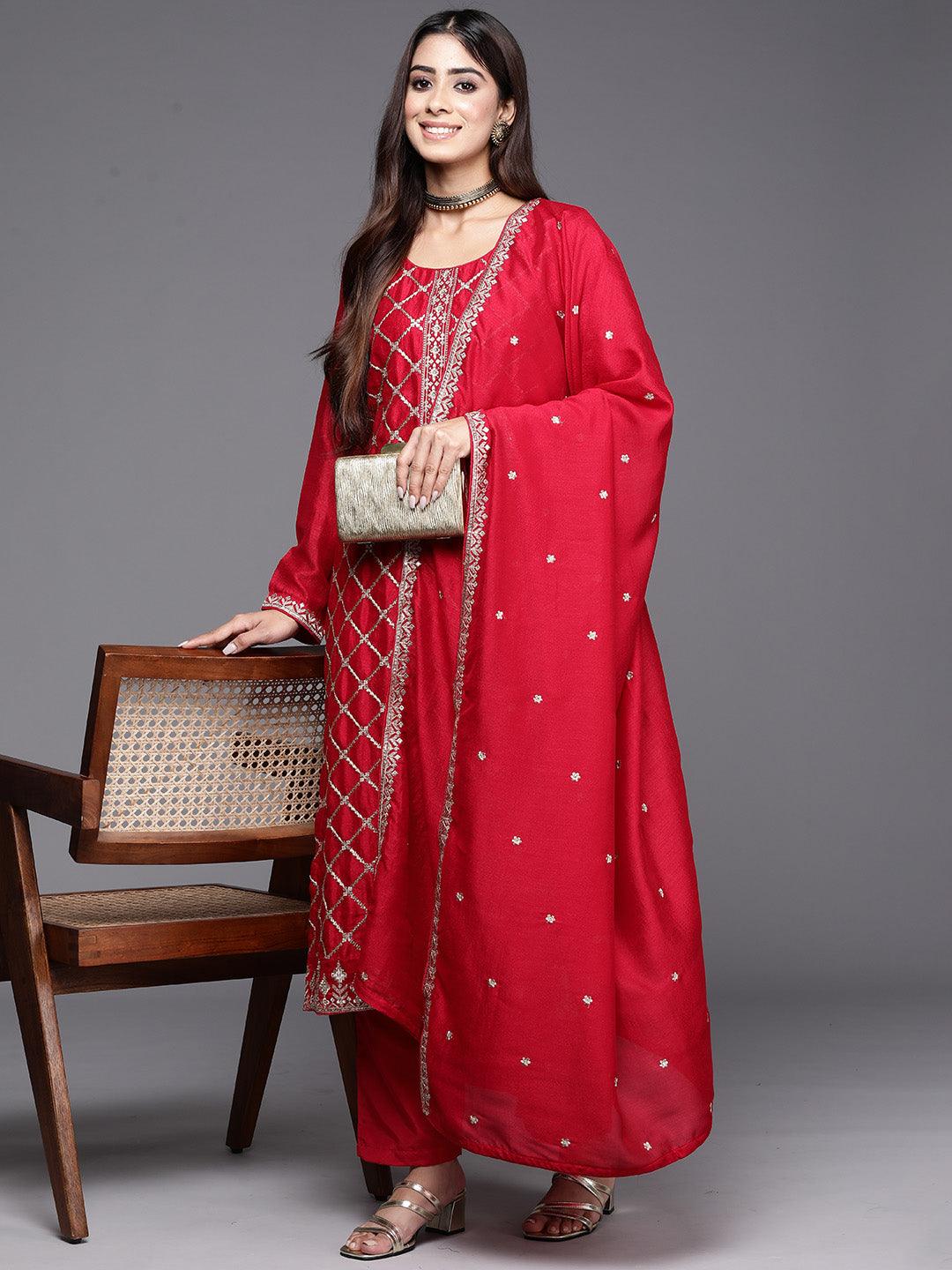 Red Embroidered Silk Blend Straight Kurta With Trousers & Dupatta - ShopLibas