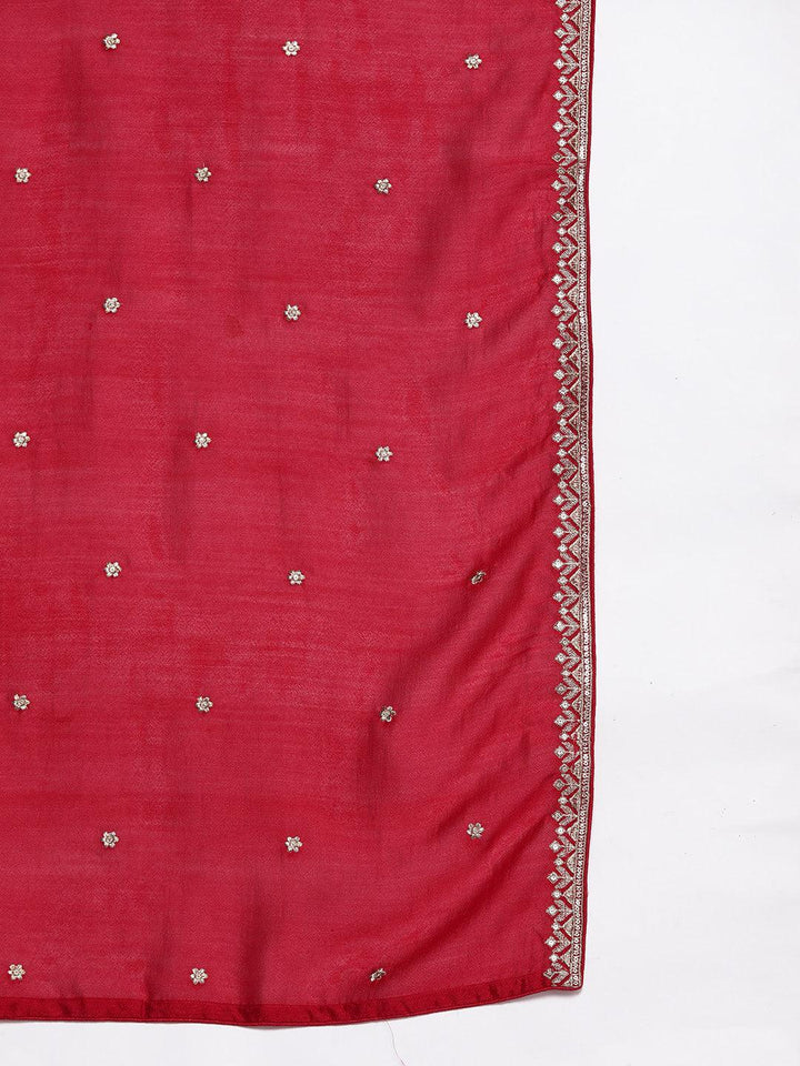 Red Embroidered Silk Blend Straight Kurta With Trousers & Dupatta - ShopLibas