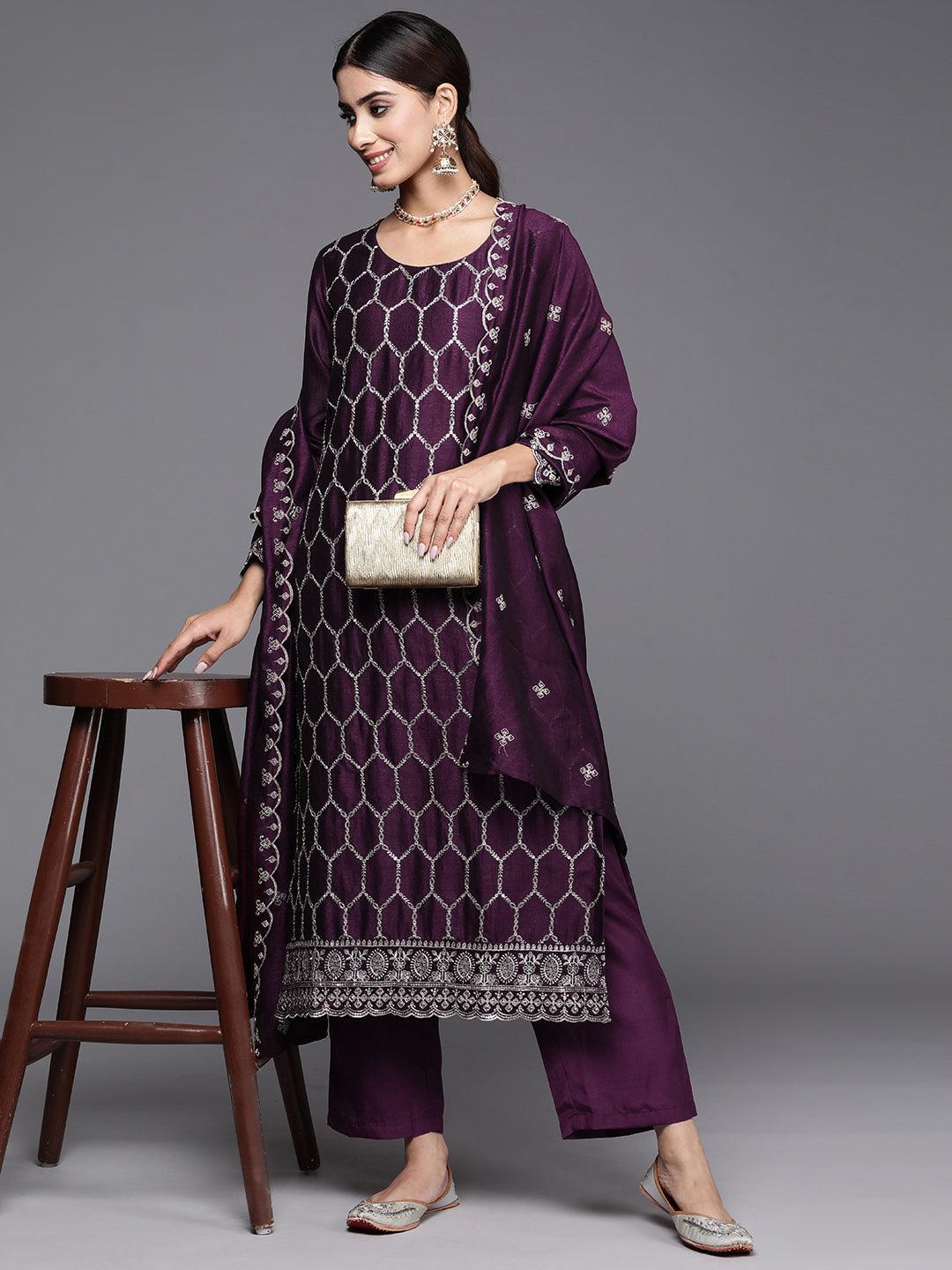 Wine Embroidered Silk Blend Straight Kurta With Trousers & Dupatta - ShopLibas