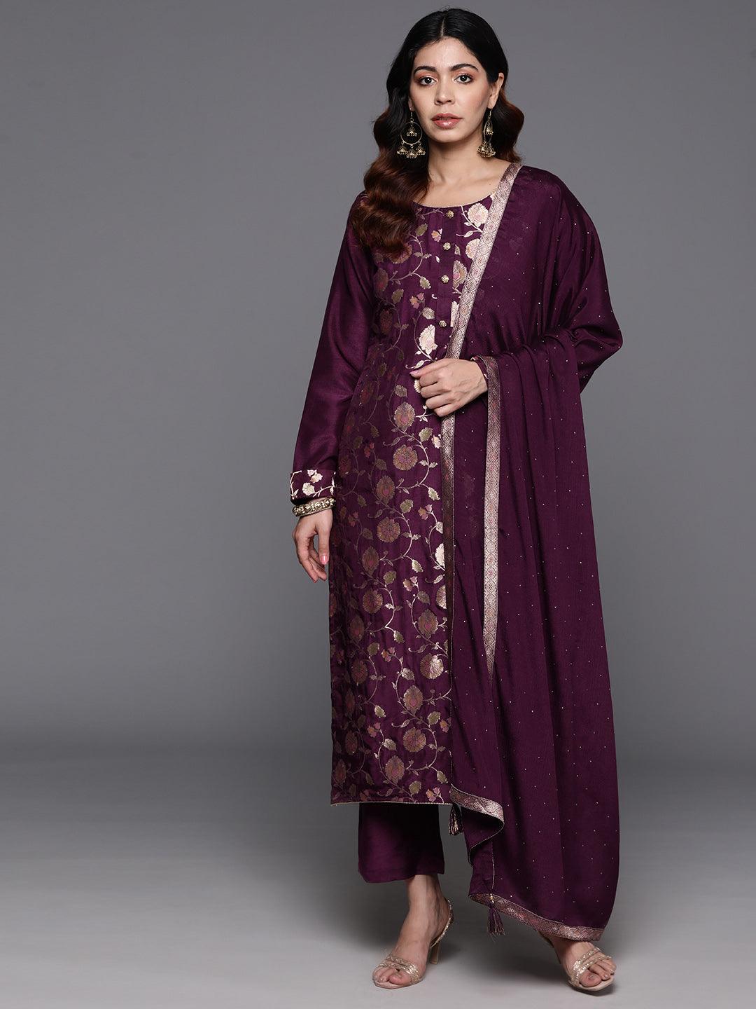 Wine Woven Design Silk Blend Straight Kurta With Trousers & Dupatta - ShopLibas