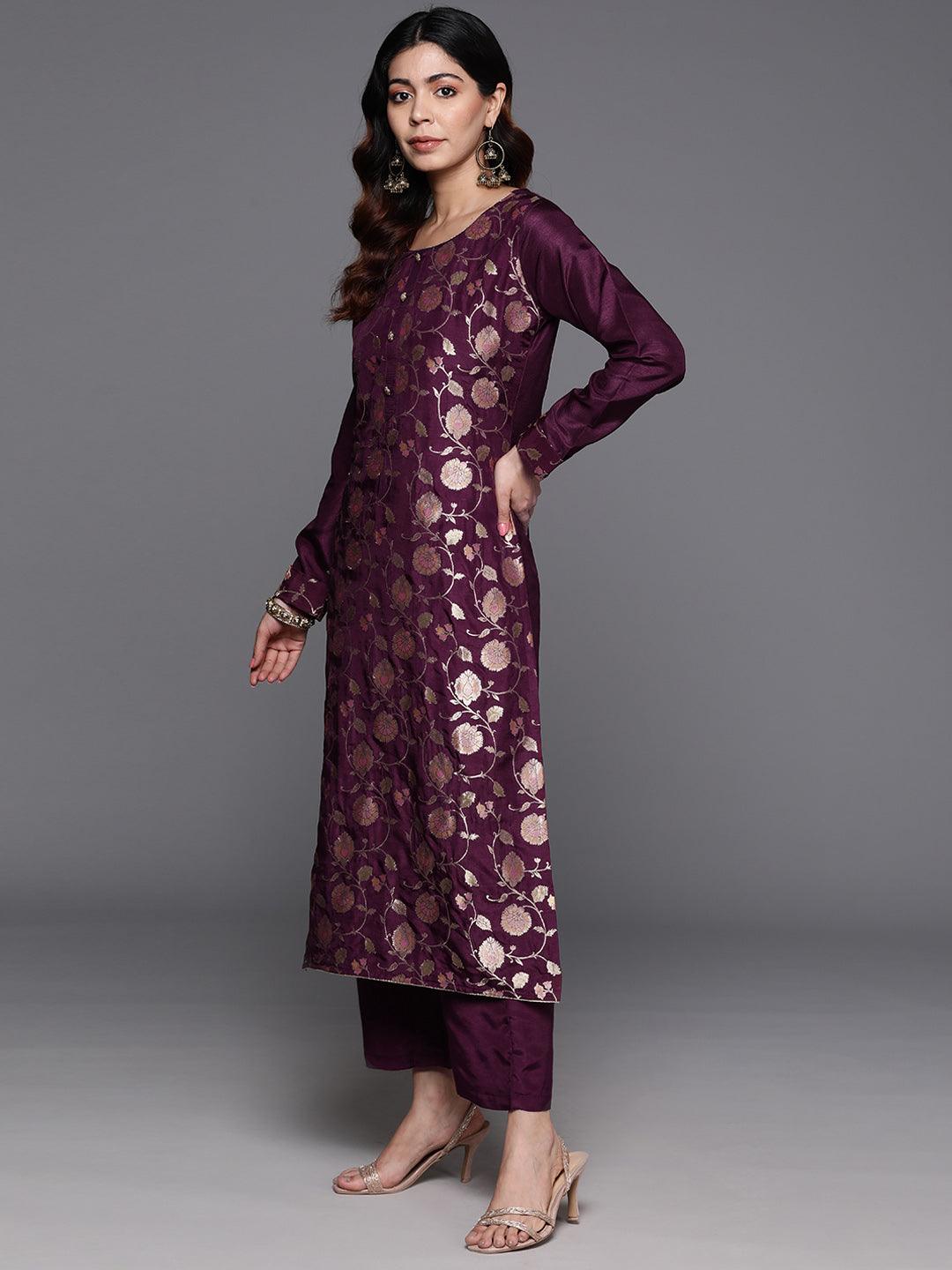 Wine Woven Design Silk Blend Straight Kurta With Trousers & Dupatta - ShopLibas