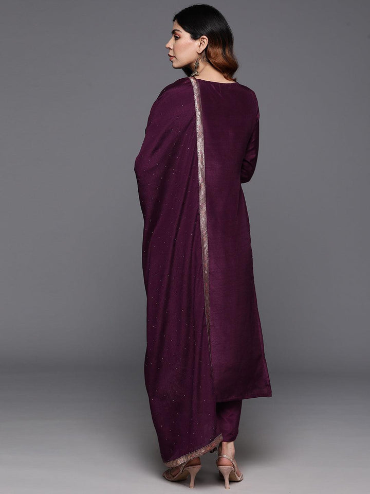 Wine Woven Design Silk Blend Straight Kurta With Trousers & Dupatta - ShopLibas