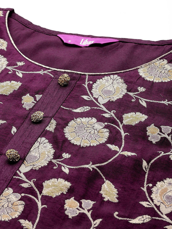 Wine Woven Design Silk Blend Straight Kurta With Trousers & Dupatta - ShopLibas