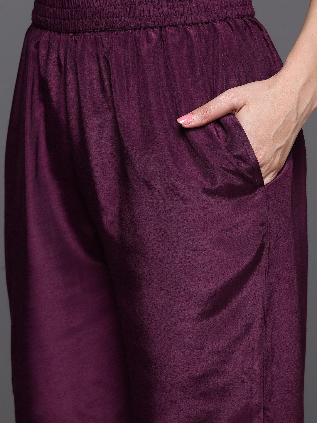 Wine Woven Design Silk Blend Straight Kurta With Trousers & Dupatta - ShopLibas