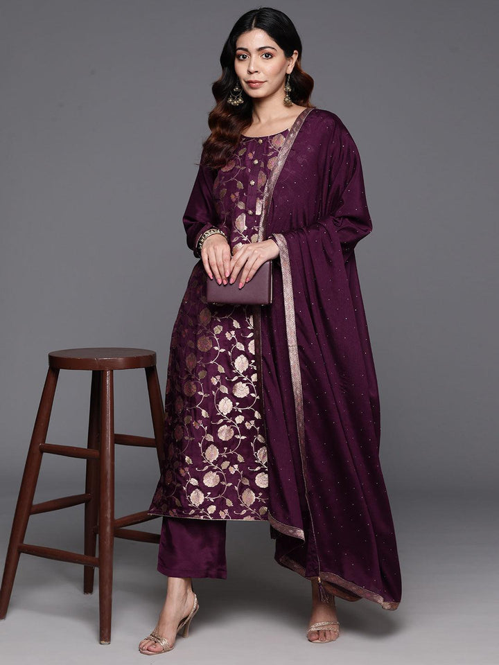 Wine Woven Design Silk Blend Straight Kurta With Trousers & Dupatta - ShopLibas