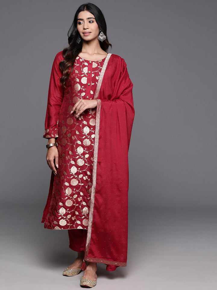 Red Woven Design Silk Blend Straight Kurta With Trousers & Dupatta - ShopLibas