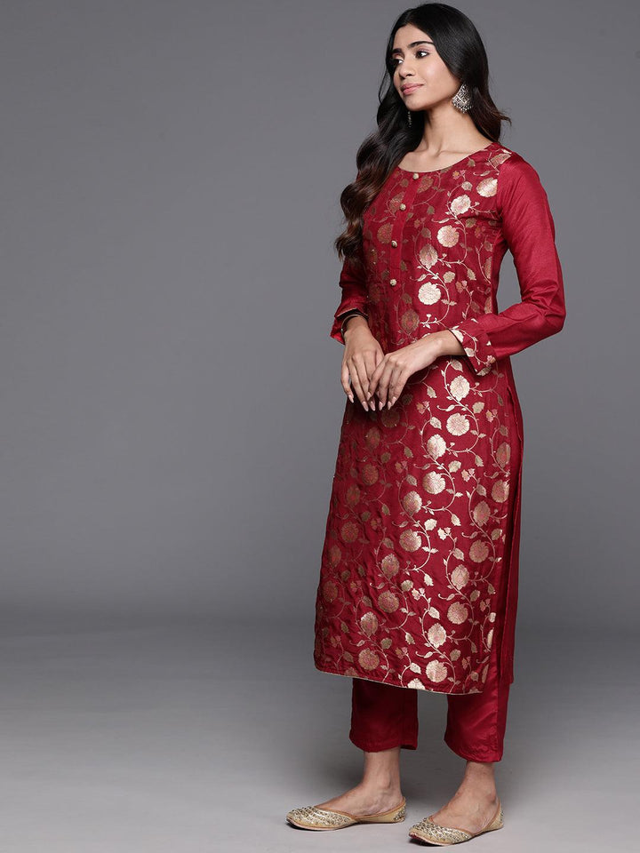 Red Woven Design Silk Blend Straight Kurta With Trousers & Dupatta - ShopLibas