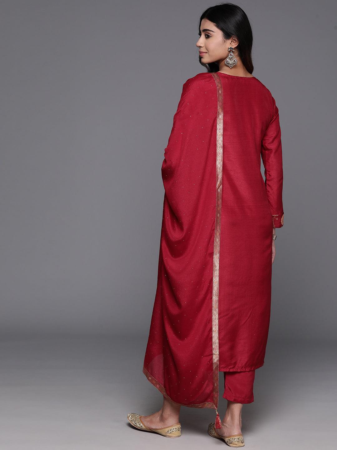 Red Woven Design Silk Blend Straight Kurta With Trousers & Dupatta - ShopLibas