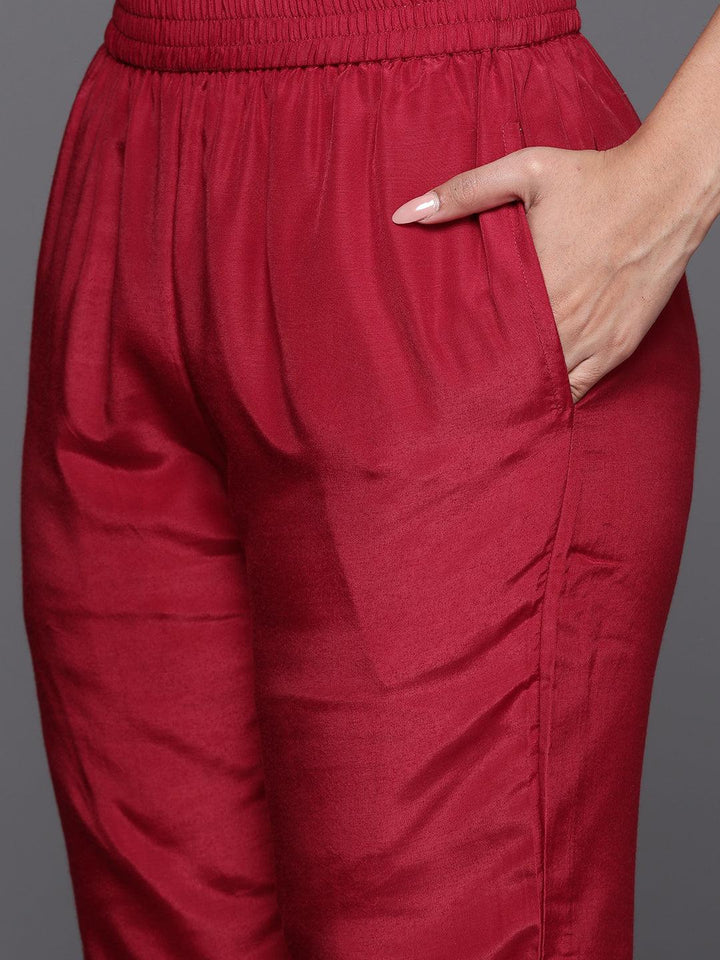 Red Woven Design Silk Blend Straight Kurta With Trousers & Dupatta - ShopLibas