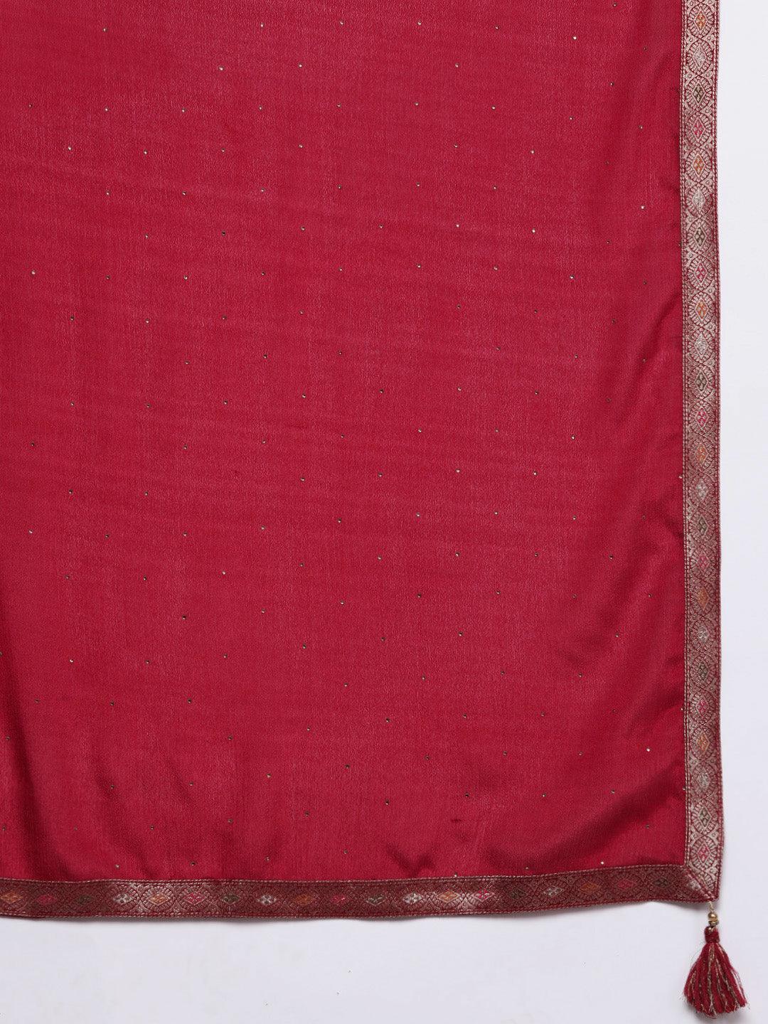 Red Woven Design Silk Blend Straight Kurta With Trousers & Dupatta - ShopLibas