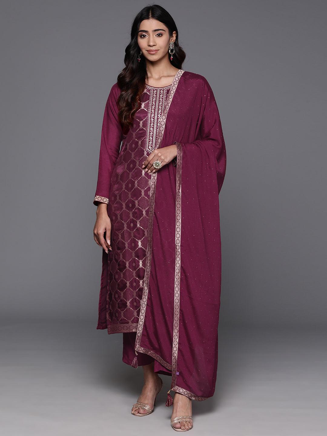 Wine Woven Design Silk Blend Straight Kurta With Trousers & Dupatta - ShopLibas