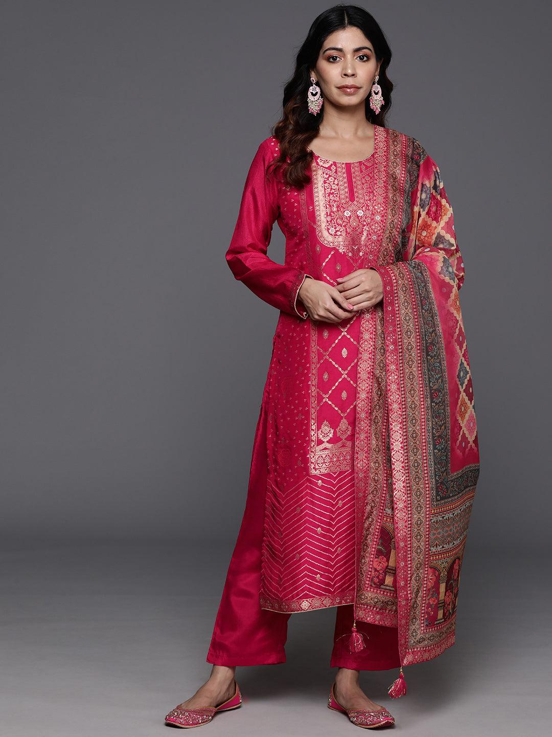 Pink Woven Design Silk Blend Straight Kurta With Trousers & Dupatta - ShopLibas