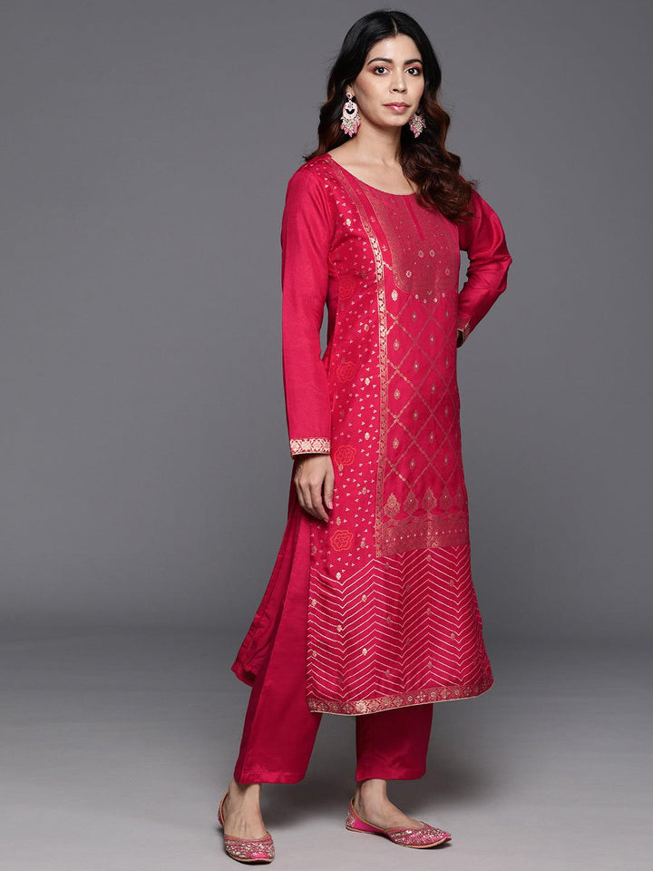 Pink Woven Design Silk Blend Straight Kurta With Trousers & Dupatta - ShopLibas