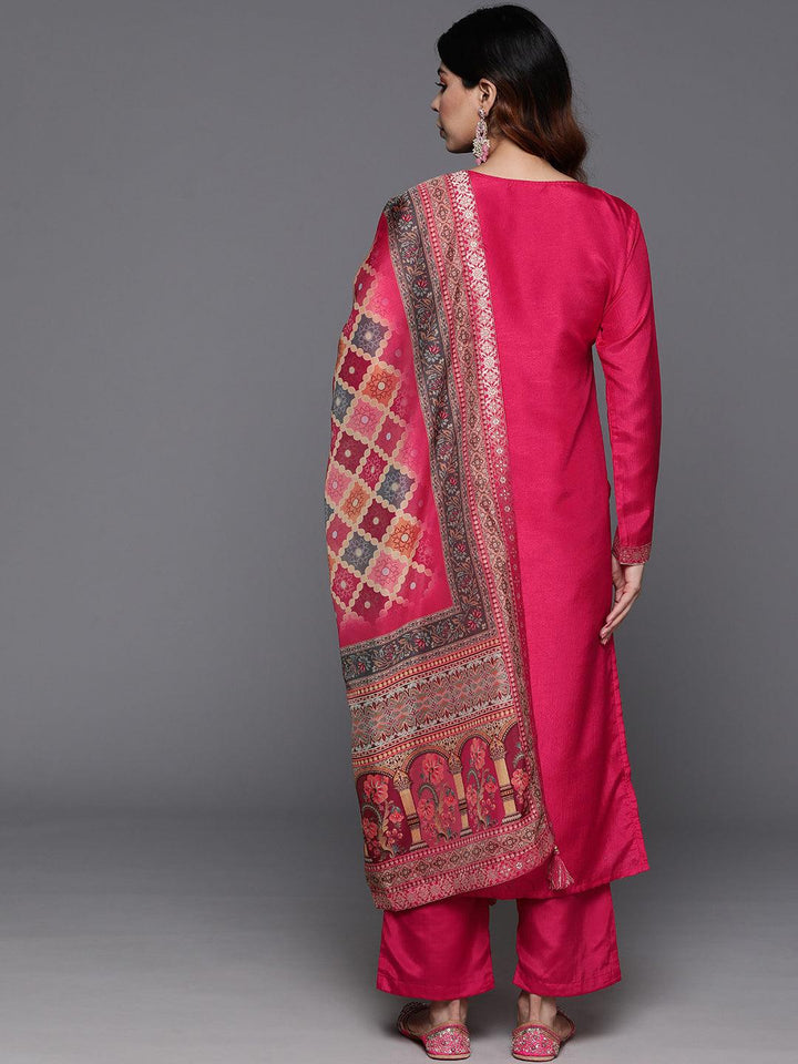 Pink Woven Design Silk Blend Straight Kurta With Trousers & Dupatta - ShopLibas