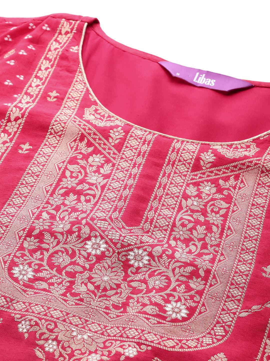 Pink Woven Design Silk Blend Straight Kurta With Trousers & Dupatta - ShopLibas