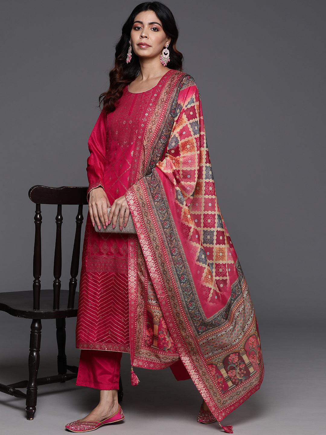 Pink Woven Design Silk Blend Straight Kurta With Trousers & Dupatta - ShopLibas