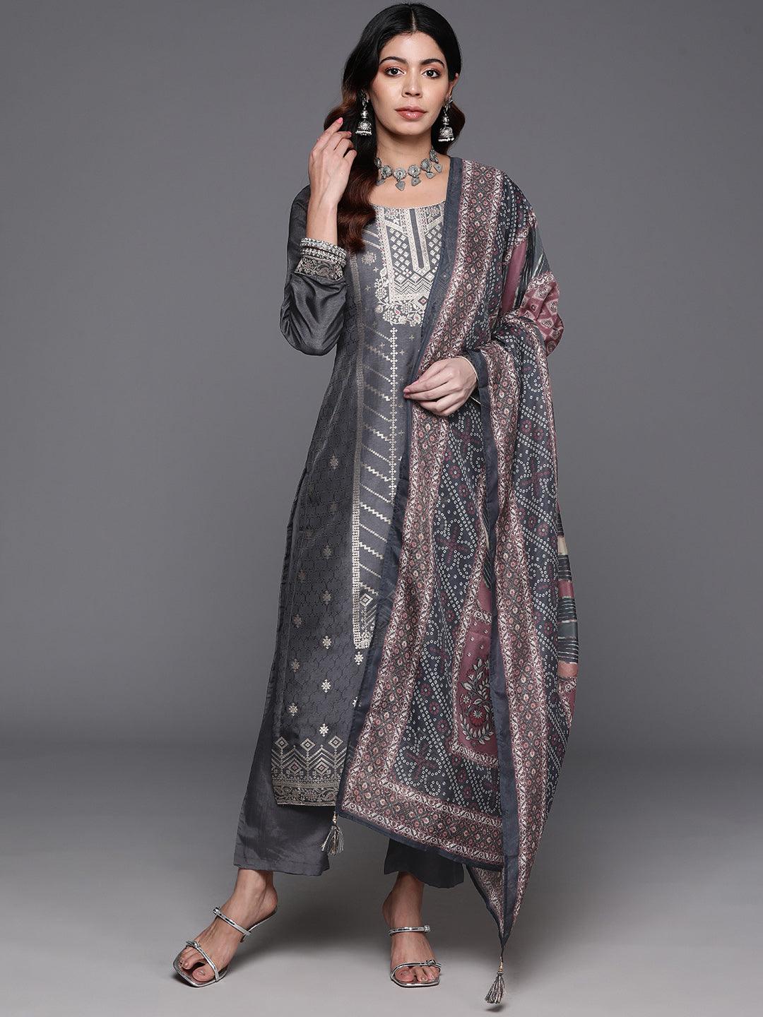 Grey Woven Design Silk Blend Straight Kurta With Trousers & Dupatta - ShopLibas