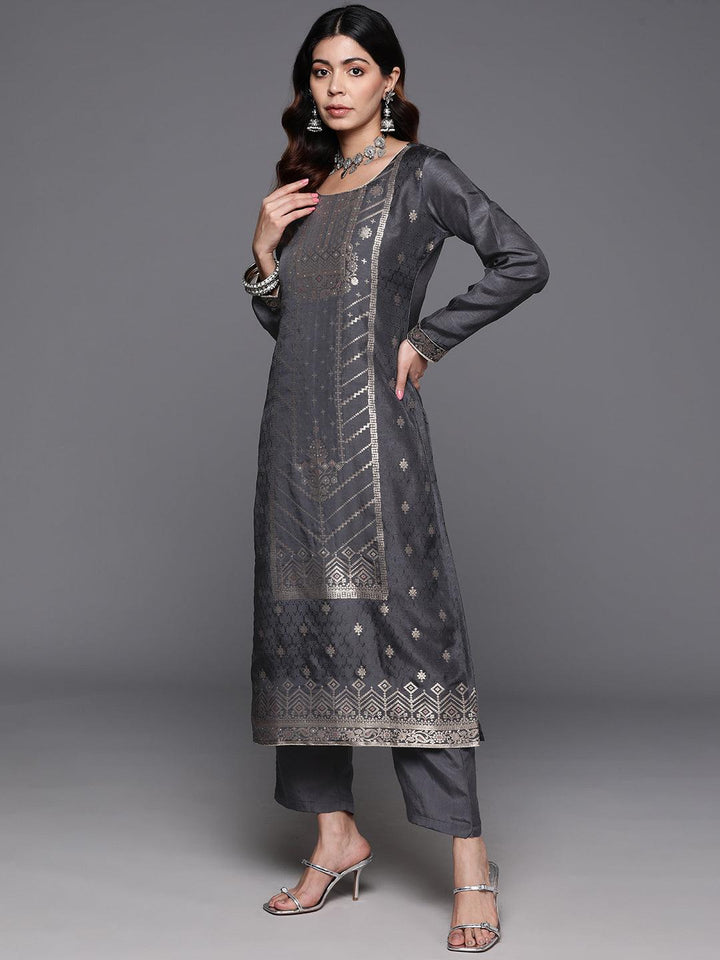 Grey Woven Design Silk Blend Straight Kurta With Trousers & Dupatta - ShopLibas