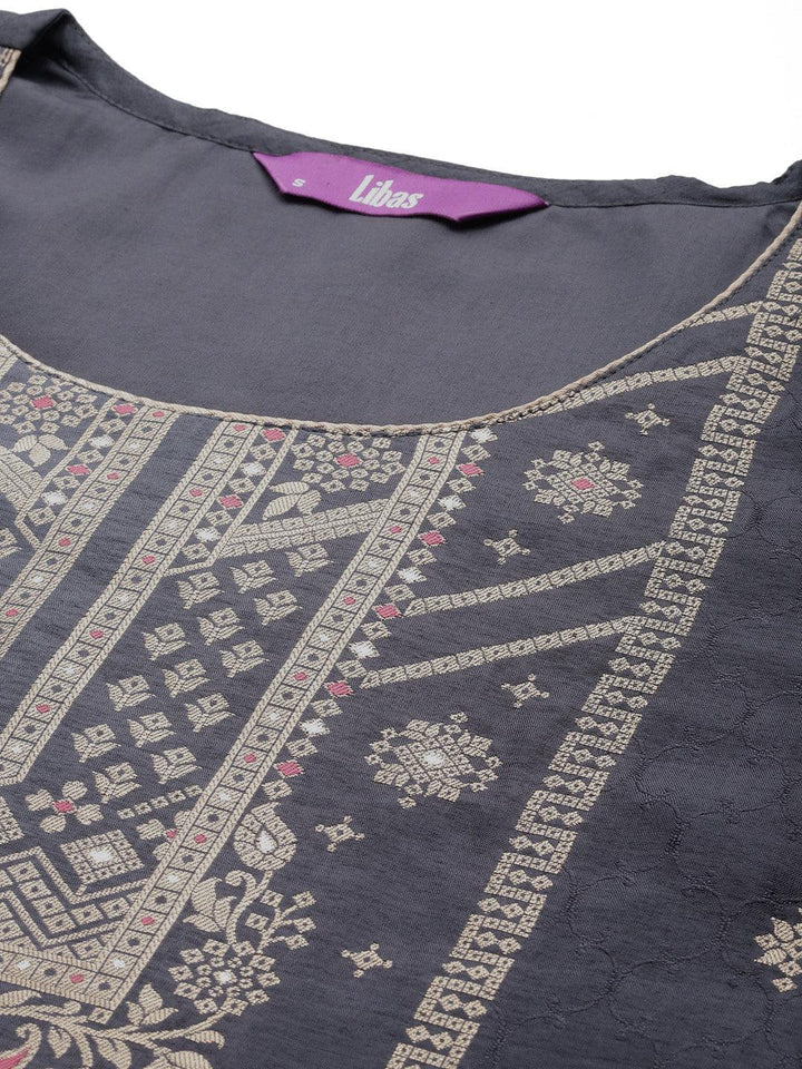 Grey Woven Design Silk Blend Straight Kurta With Trousers & Dupatta - ShopLibas