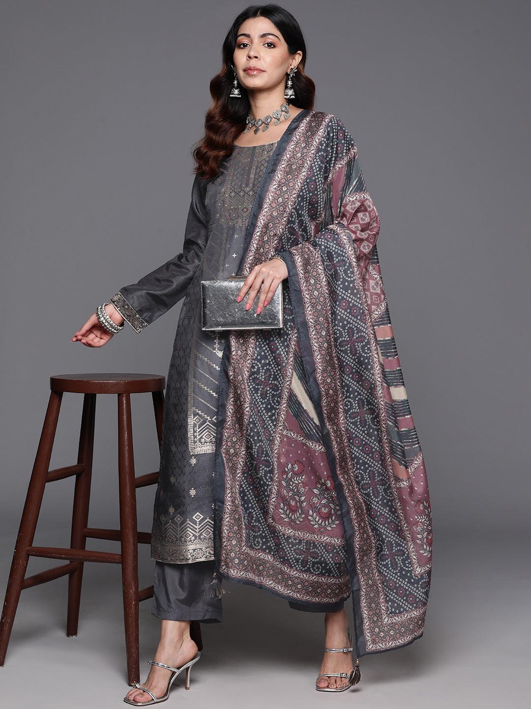 Grey Woven Design Silk Blend Straight Kurta With Trousers & Dupatta - ShopLibas