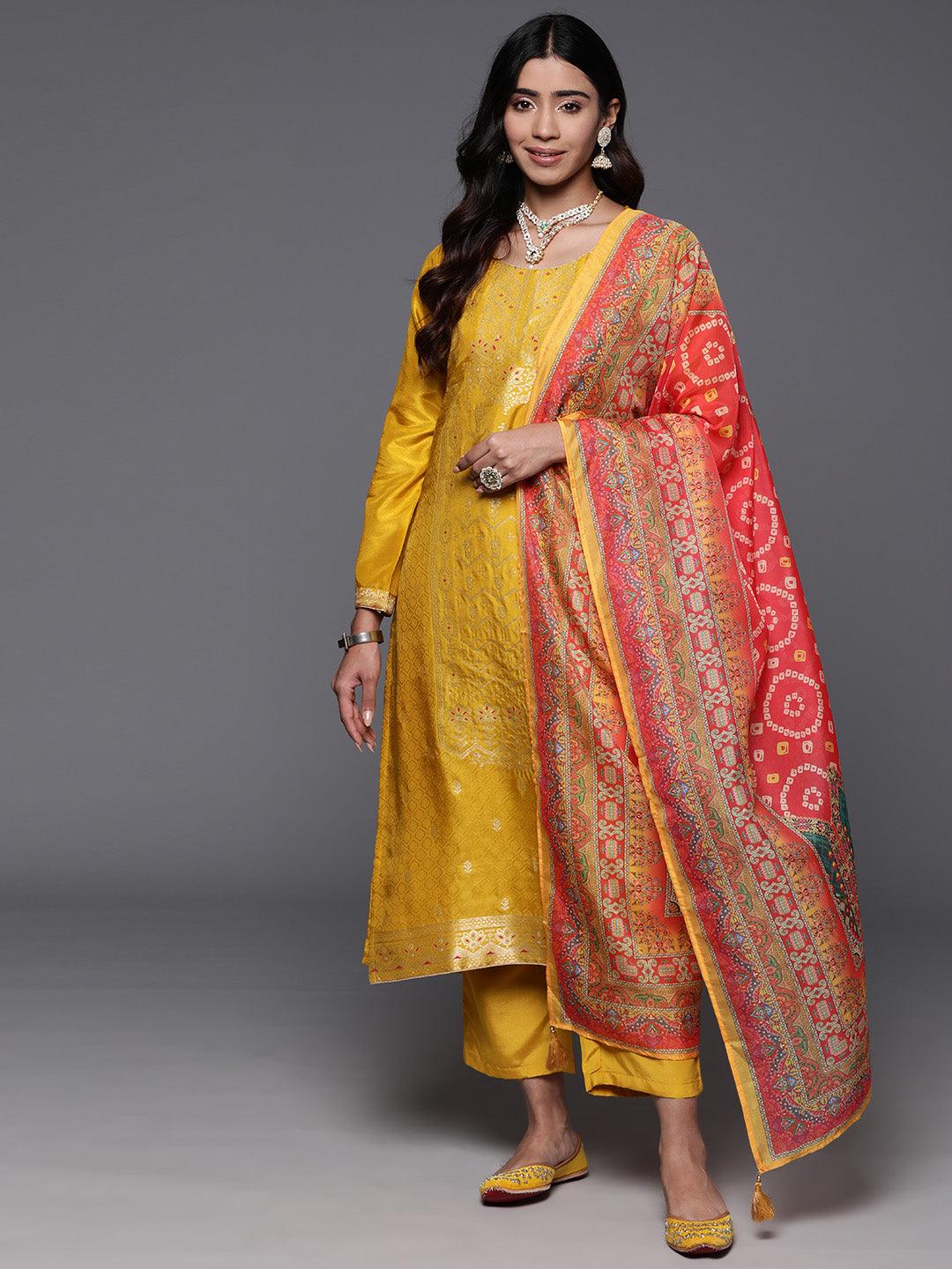 Yellow Woven Design Silk Blend Straight Kurta With Trousers & Dupatta - ShopLibas