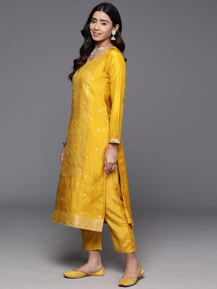 Yellow Woven Design Silk Blend Straight Kurta With Trousers & Dupatta - ShopLibas