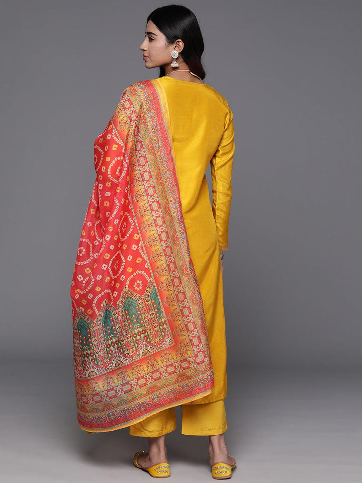 Yellow Woven Design Silk Blend Straight Kurta With Trousers & Dupatta - ShopLibas