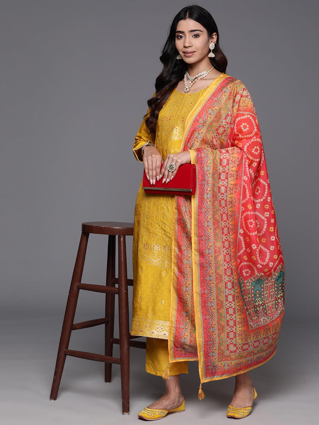 Yellow Woven Design Silk Blend Straight Kurta With Trousers & Dupatta - ShopLibas