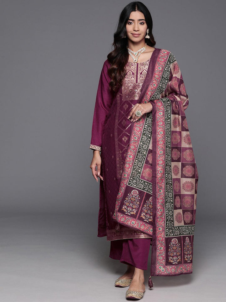 Maroon Woven Design Silk Blend Straight Kurta With Trousers & Dupatta - ShopLibas