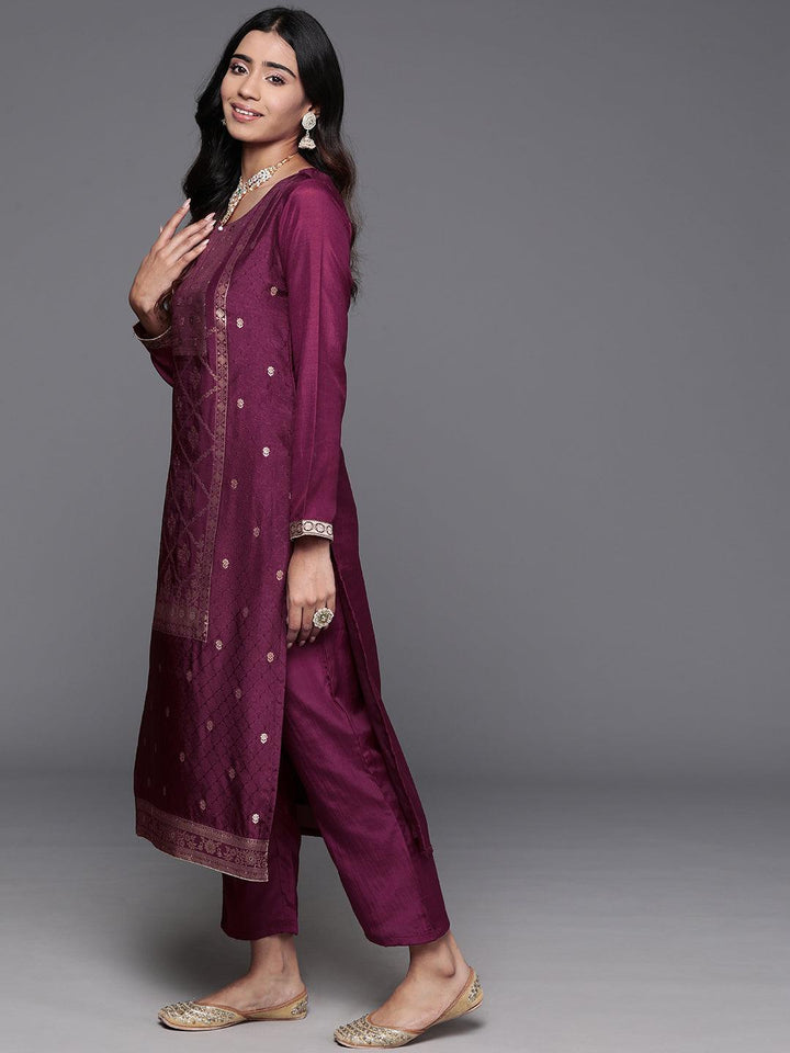 Maroon Woven Design Silk Blend Straight Kurta With Trousers & Dupatta - ShopLibas