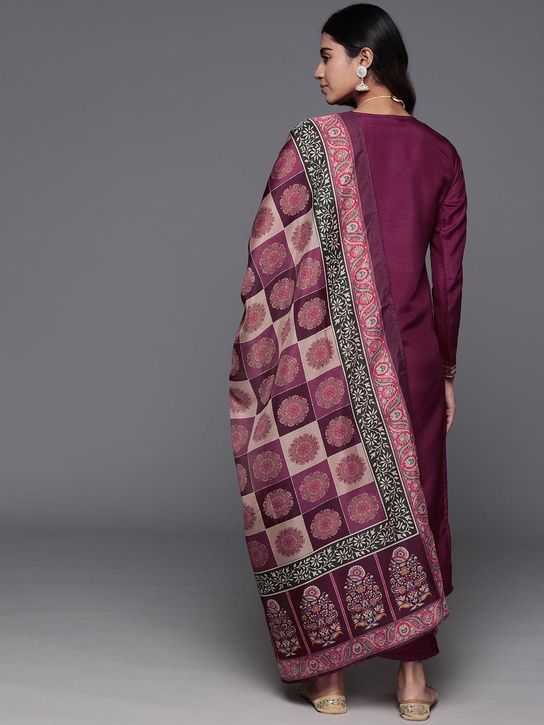 Maroon Woven Design Silk Blend Straight Kurta With Trousers & Dupatta - ShopLibas