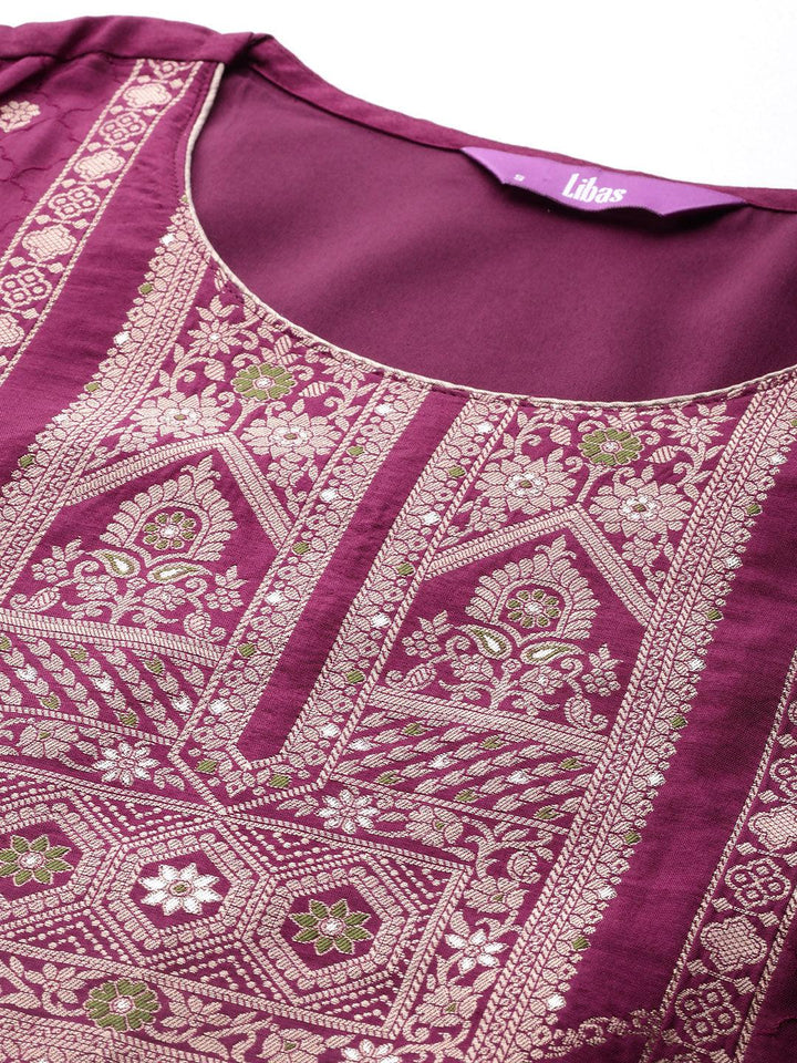 Maroon Woven Design Silk Blend Straight Kurta With Trousers & Dupatta - ShopLibas