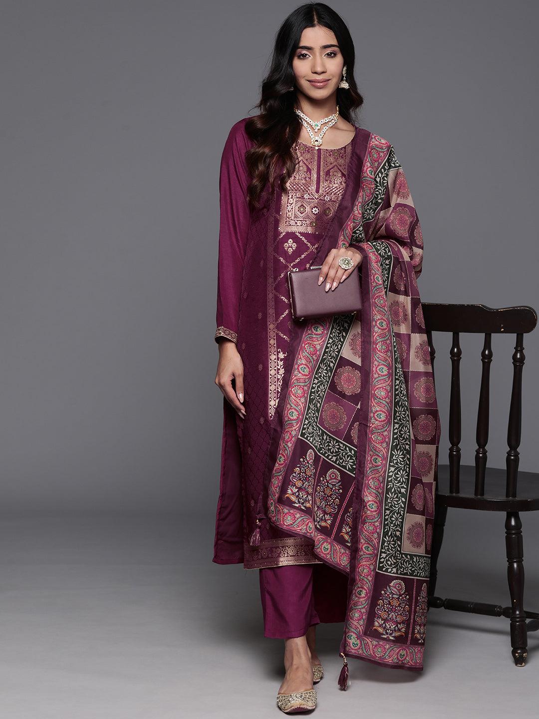 Maroon Woven Design Silk Blend Straight Kurta With Trousers & Dupatta - ShopLibas